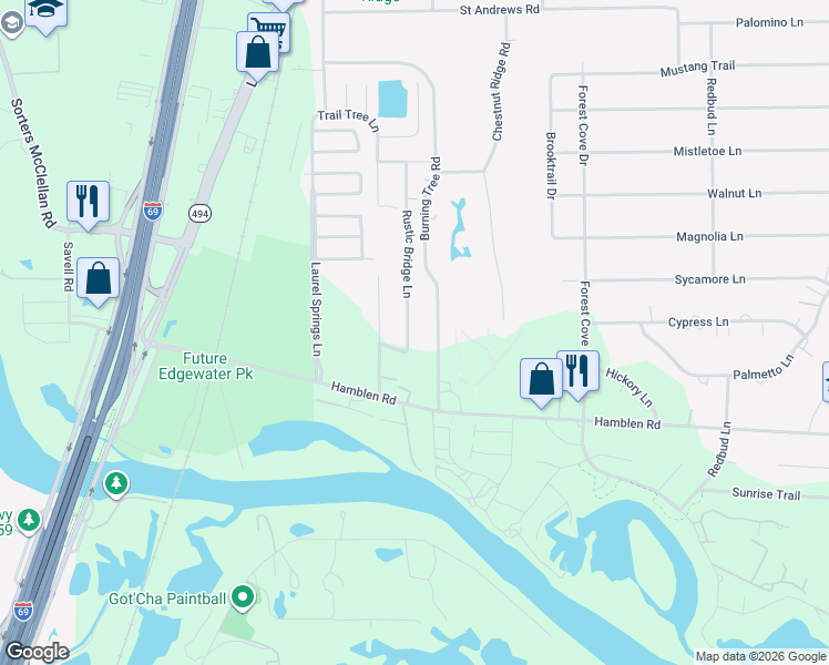 map of restaurants, bars, coffee shops, grocery stores, and more near 22030 Rustic Bridge Lane in Humble