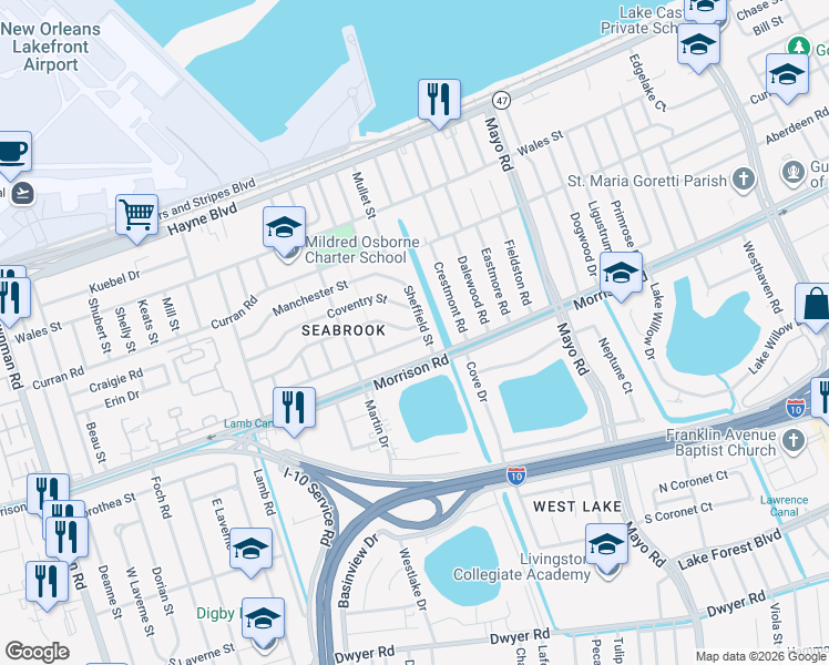 map of restaurants, bars, coffee shops, grocery stores, and more near 7021 Bamberry Street in New Orleans