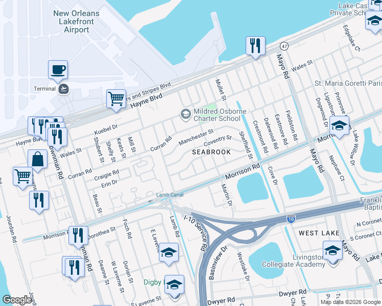 map of restaurants, bars, coffee shops, grocery stores, and more near 6700 Coventry Street in New Orleans