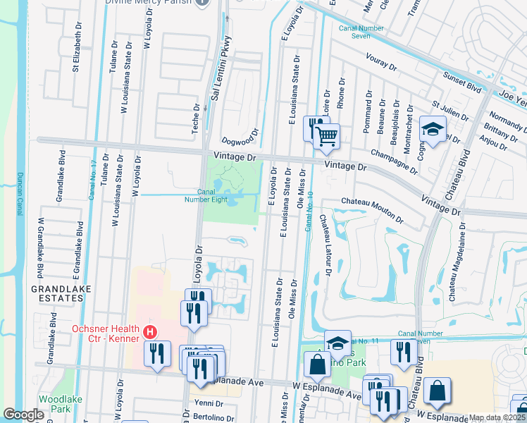map of restaurants, bars, coffee shops, grocery stores, and more near 3801 East Loyola Drive in Kenner