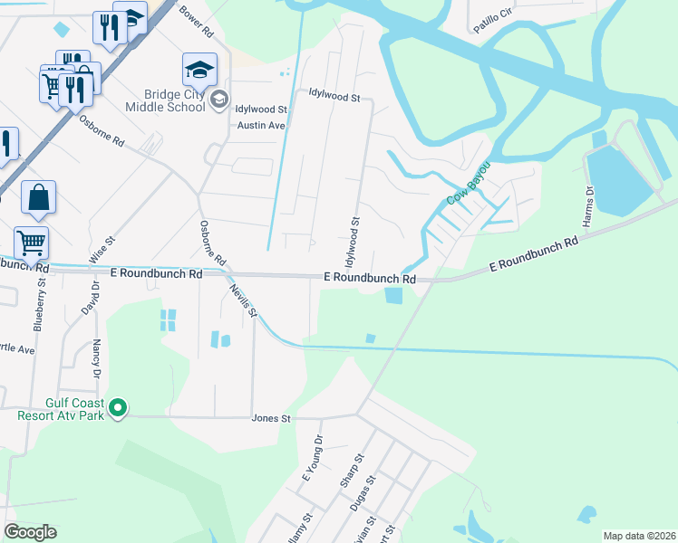 map of restaurants, bars, coffee shops, grocery stores, and more near 695 East Roundbunch Road in Bridge City