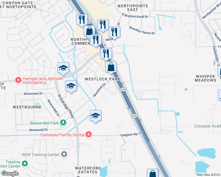 map of restaurants, bars, coffee shops, grocery stores, and more near 18138 Westlock Court in Tomball