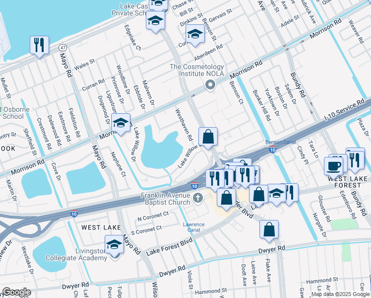 map of restaurants, bars, coffee shops, grocery stores, and more near 6741 Lake Willow Drive in New Orleans