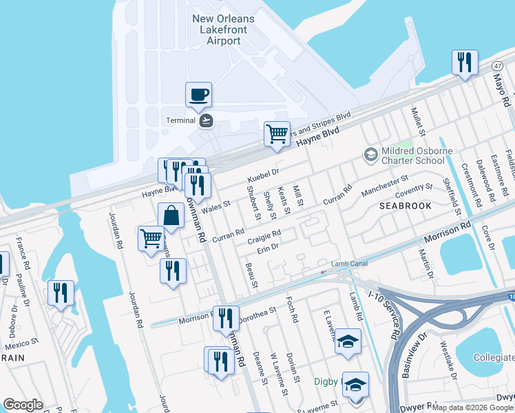 map of restaurants, bars, coffee shops, grocery stores, and more near 7811 Shubert Street in New Orleans