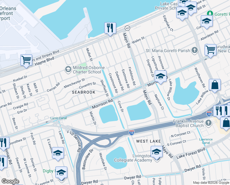 map of restaurants, bars, coffee shops, grocery stores, and more near 7320 Crestmont Road in New Orleans