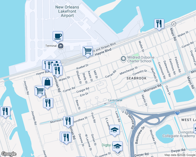 map of restaurants, bars, coffee shops, grocery stores, and more near 7701 Mill Street in New Orleans