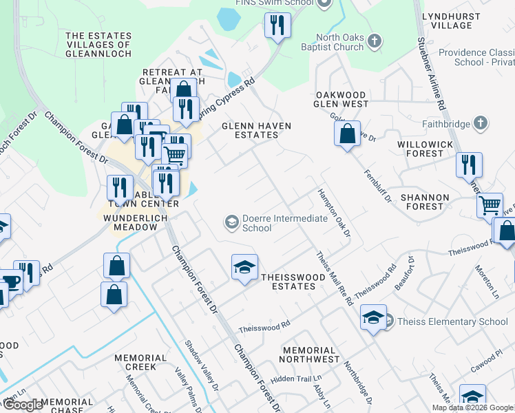 map of restaurants, bars, coffee shops, grocery stores, and more near 8034 Danette Court in Spring