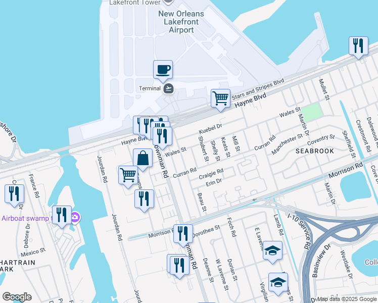 map of restaurants, bars, coffee shops, grocery stores, and more near 7830 Swift Street in New Orleans