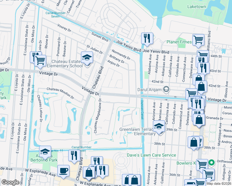 map of restaurants, bars, coffee shops, grocery stores, and more near 1216 Vintage Drive in Kenner