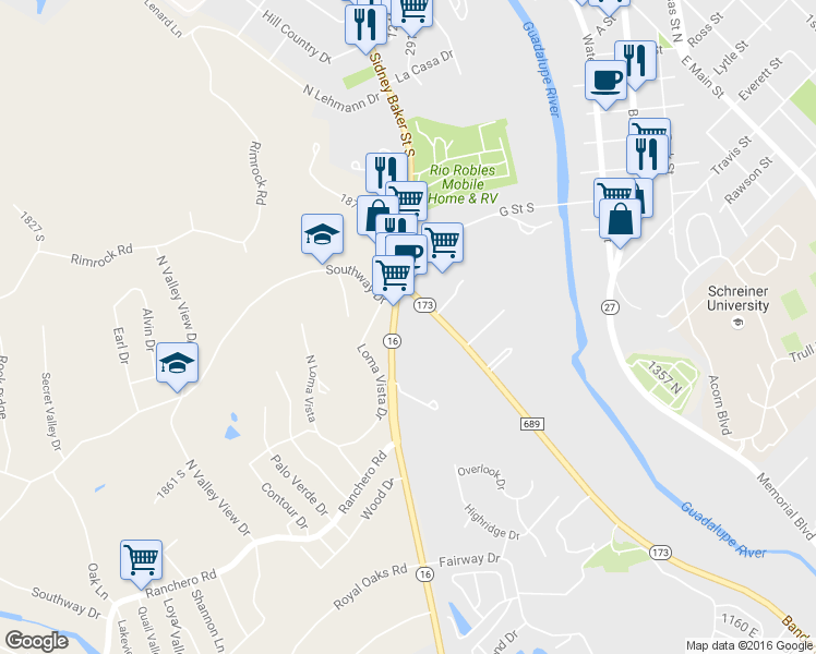 map of restaurants, bars, coffee shops, grocery stores, and more near 1205 Sidney Baker Street South in Kerrville