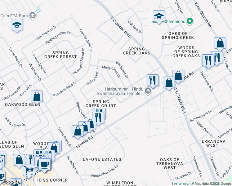 map of restaurants, bars, coffee shops, grocery stores, and more near 16902 Butteroak Drive in Spring