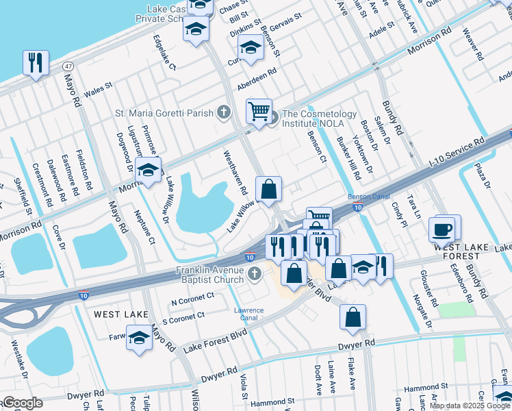 map of restaurants, bars, coffee shops, grocery stores, and more near 6718 Lake Willow Drive in New Orleans