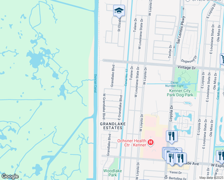 map of restaurants, bars, coffee shops, grocery stores, and more near 9 Maurepas Lane in Kenner