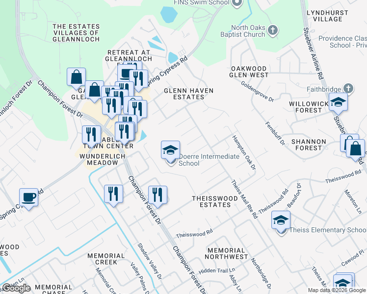 map of restaurants, bars, coffee shops, grocery stores, and more near 8034 Danette Court in Spring