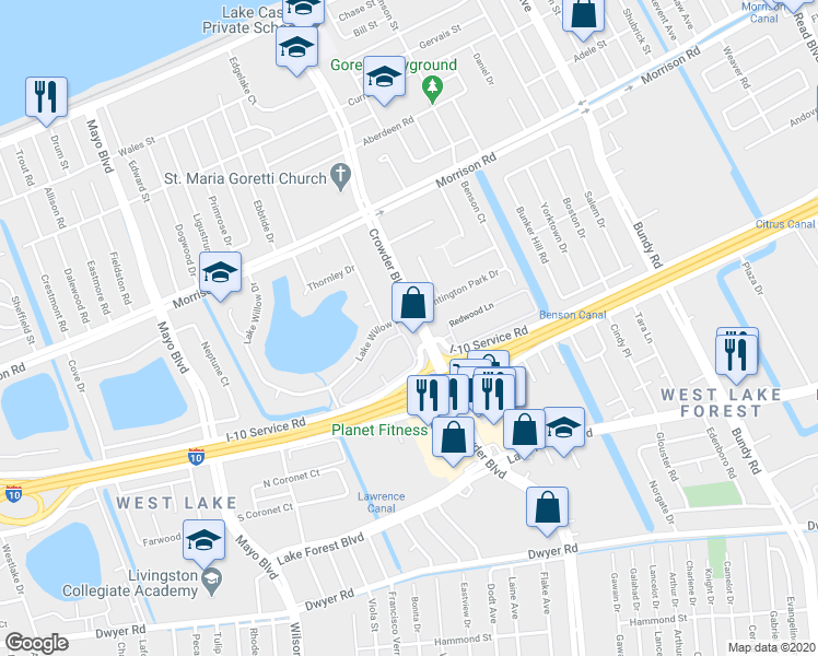 map of restaurants, bars, coffee shops, grocery stores, and more near 6718 Lake Willow Drive in New Orleans