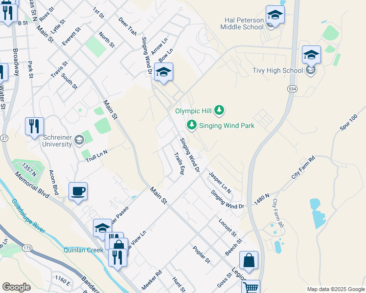 map of restaurants, bars, coffee shops, grocery stores, and more near 2306D Sailing Way in Kerrville