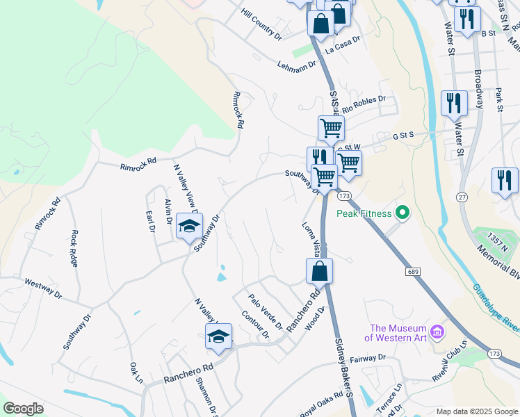 map of restaurants, bars, coffee shops, grocery stores, and more near 328 Loma Vista Drive in Kerrville