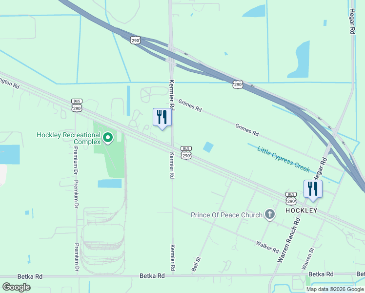 map of restaurants, bars, coffee shops, grocery stores, and more near 36038 Old Highway 290 in Harris County