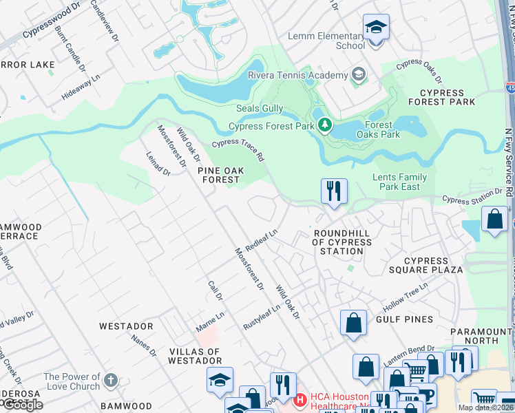 map of restaurants, bars, coffee shops, grocery stores, and more near 18001 Cypress Trace Road in Houston