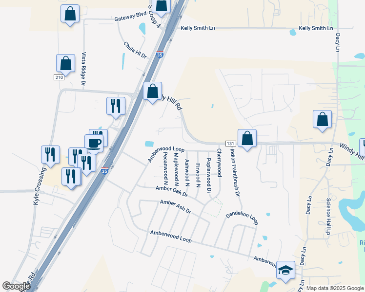 map of restaurants, bars, coffee shops, grocery stores, and more near 1873 Amberwood Loop in Kyle