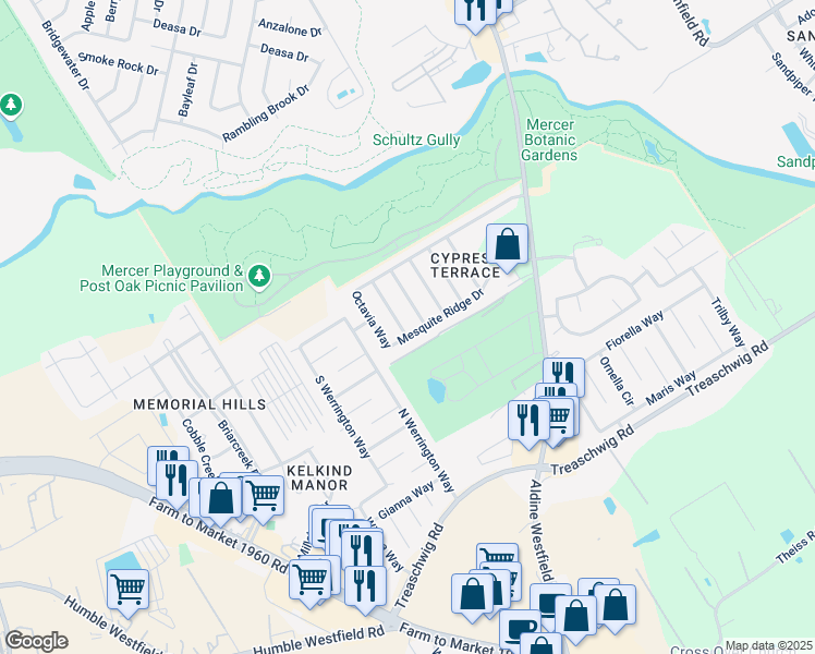 map of restaurants, bars, coffee shops, grocery stores, and more near 21806 Yucca Tip Lane in Houston