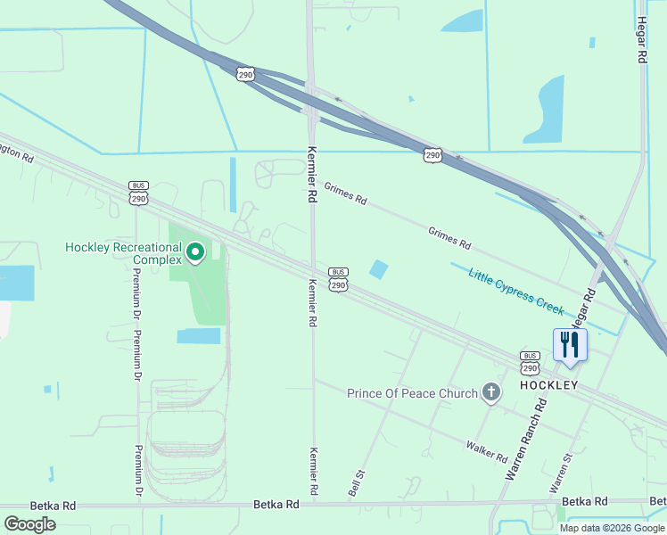 map of restaurants, bars, coffee shops, grocery stores, and more near 36038 Old Highway 290 in Hockley