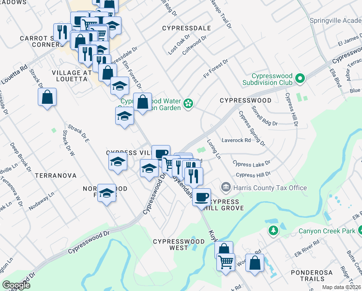 map of restaurants, bars, coffee shops, grocery stores, and more near 4310 Cypresswood Drive in Spring