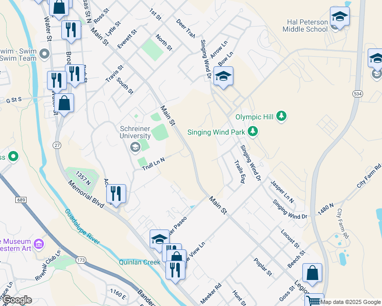 map of restaurants, bars, coffee shops, grocery stores, and more near 2315 East Main Street in Kerrville