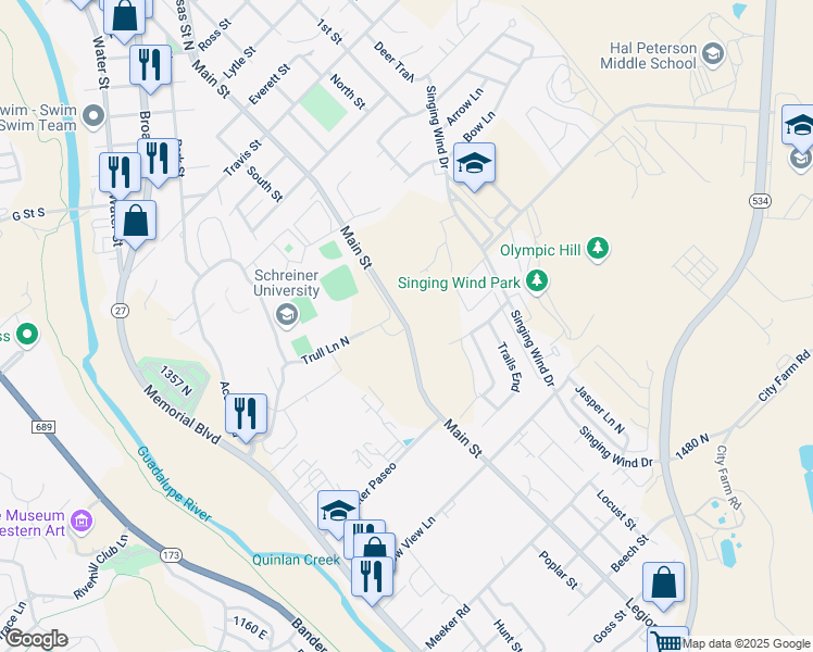 map of restaurants, bars, coffee shops, grocery stores, and more near 2315 East Main Street in Kerrville