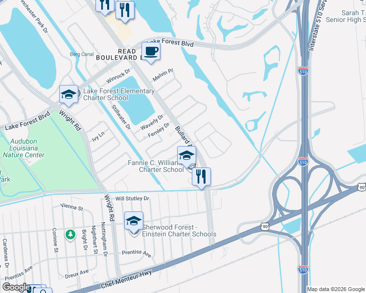 map of restaurants, bars, coffee shops, grocery stores, and more near 1128 Midpoint Drive in New Orleans