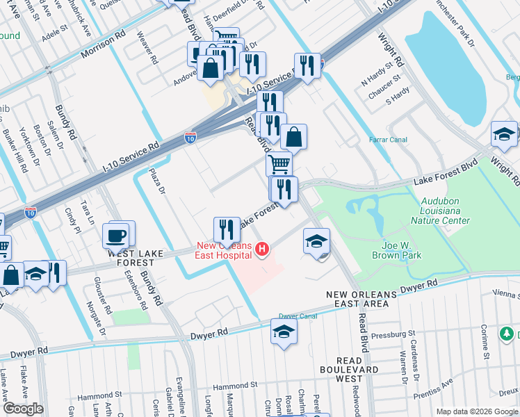 map of restaurants, bars, coffee shops, grocery stores, and more near 9930 Lake Forest Boulevard in New Orleans
