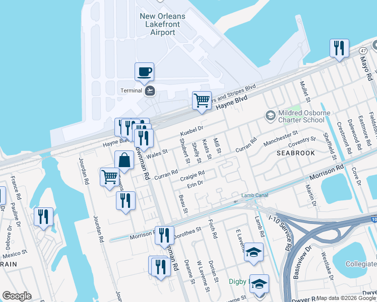 map of restaurants, bars, coffee shops, grocery stores, and more near 7811 Shubert Street in New Orleans