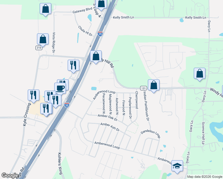 map of restaurants, bars, coffee shops, grocery stores, and more near 1841 Amberwood Loop in Kyle