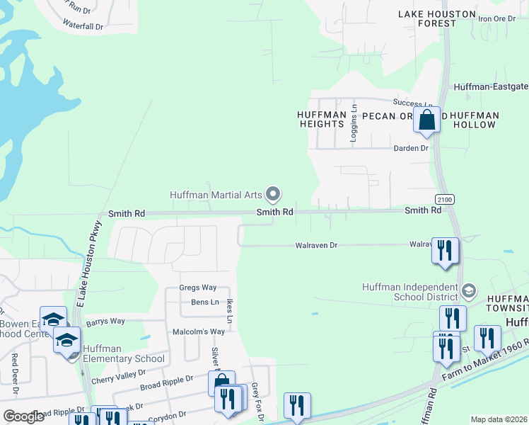 map of restaurants, bars, coffee shops, grocery stores, and more near 1128 Smith Road in Huffman