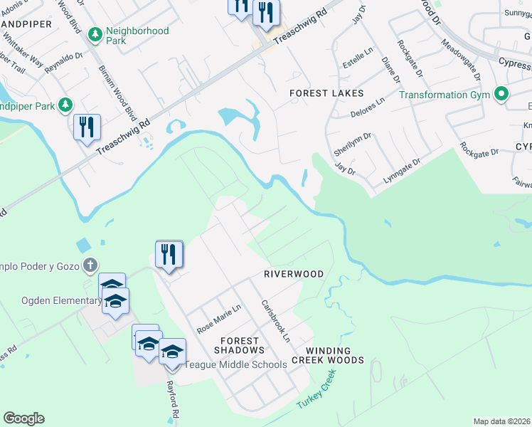 map of restaurants, bars, coffee shops, grocery stores, and more near 5103 Elkgrove Lane in Humble