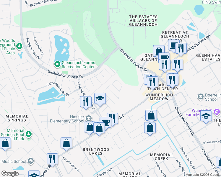 map of restaurants, bars, coffee shops, grocery stores, and more near 1106 Compass Cove Circle in Spring