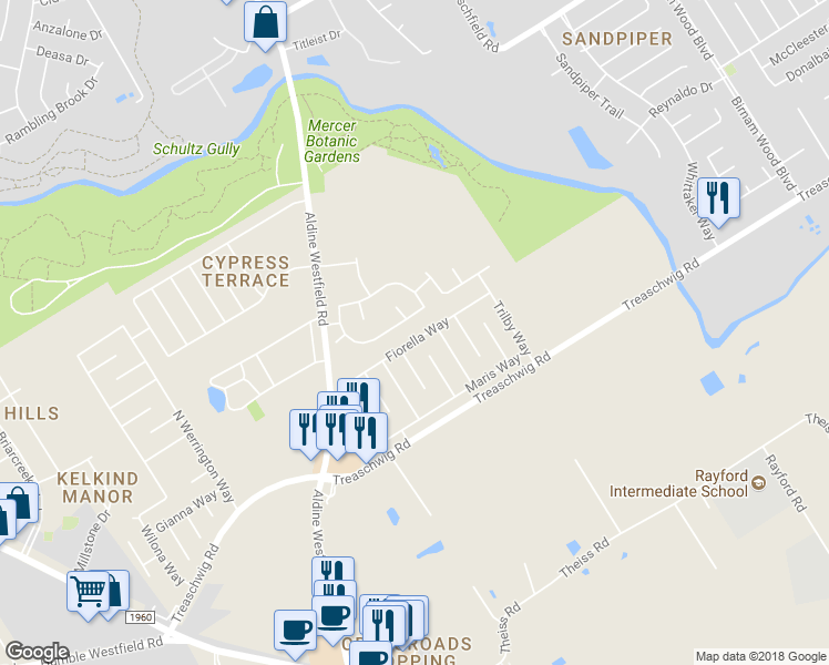 map of restaurants, bars, coffee shops, grocery stores, and more near 3431 Fiorella Way in Humble