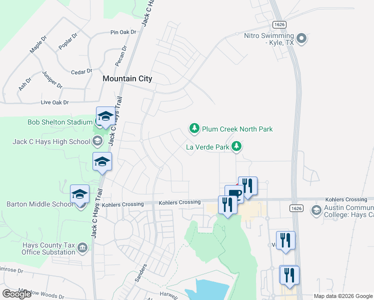 map of restaurants, bars, coffee shops, grocery stores, and more near 231 Madrid in Kyle