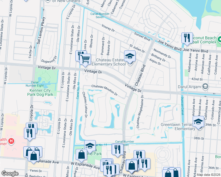 map of restaurants, bars, coffee shops, grocery stores, and more near 57 Chateau Mouton Drive in Kenner