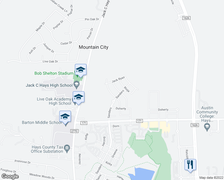map of restaurants, bars, coffee shops, grocery stores, and more near Kohlers Crossing in Kyle