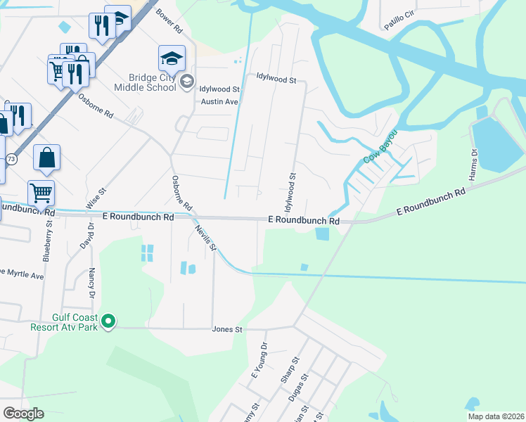 map of restaurants, bars, coffee shops, grocery stores, and more near 695 East Roundbunch Road in Bridge City