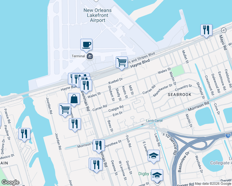 map of restaurants, bars, coffee shops, grocery stores, and more near 7811 Shubert Street in New Orleans