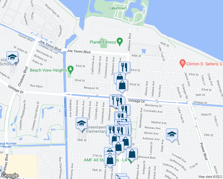 map of restaurants, bars, coffee shops, grocery stores, and more near 4112 Delaware Avenue in Kenner