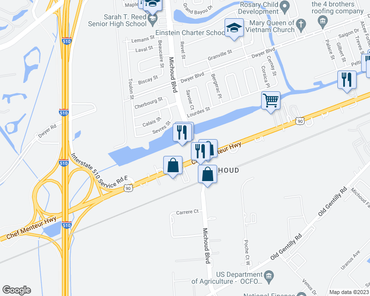 map of restaurants, bars, coffee shops, grocery stores, and more near 4646 Michoud Blvd in New Orleans