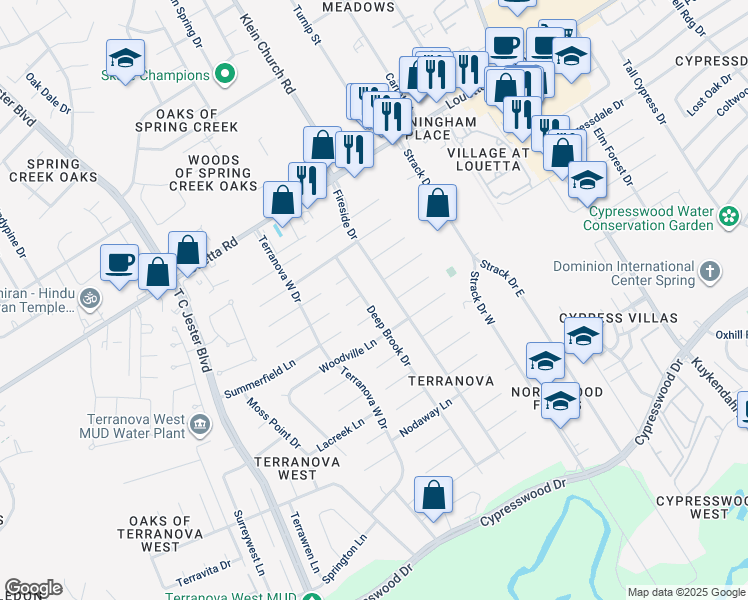 map of restaurants, bars, coffee shops, grocery stores, and more near 5302 Summerfield Lane in Spring