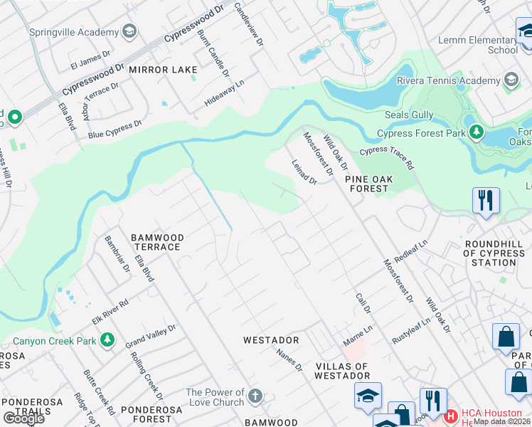 map of restaurants, bars, coffee shops, grocery stores, and more near 17820 Red Oak Drive in Houston
