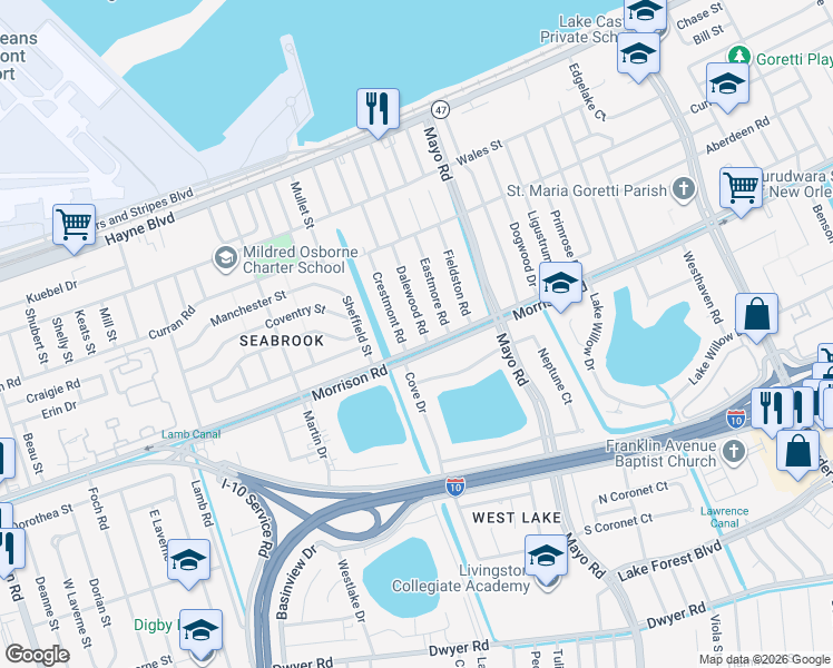 map of restaurants, bars, coffee shops, grocery stores, and more near 7301 Morrison Road in New Orleans