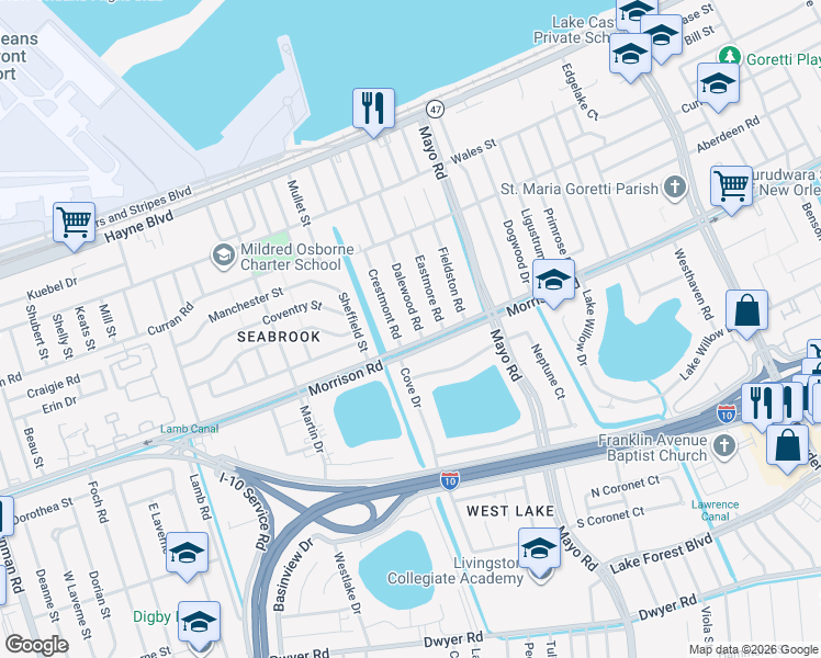 map of restaurants, bars, coffee shops, grocery stores, and more near 7301 Morrison Road in New Orleans