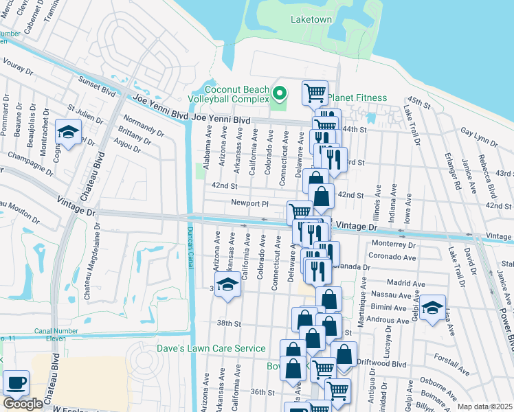 map of restaurants, bars, coffee shops, grocery stores, and more near 1700 Vintage Drive in Kenner