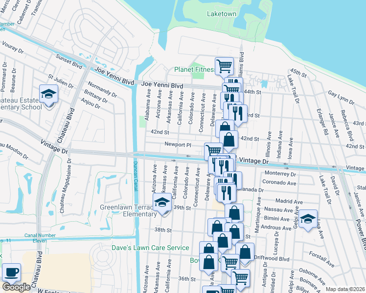map of restaurants, bars, coffee shops, grocery stores, and more near 1700 Vintage Drive in Kenner